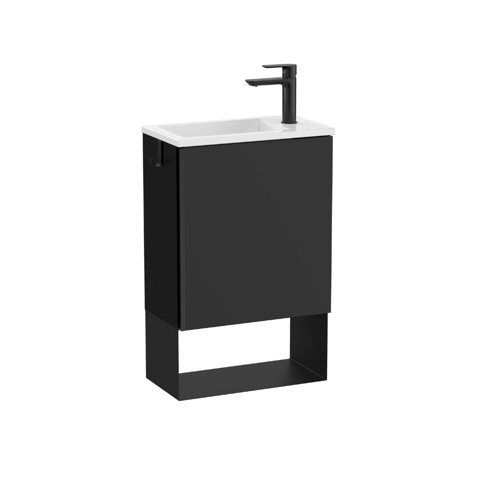 Product cut out image of the Roca Mini Pro Matt Black Vanity Unit & Basin with Left-Hand Installation